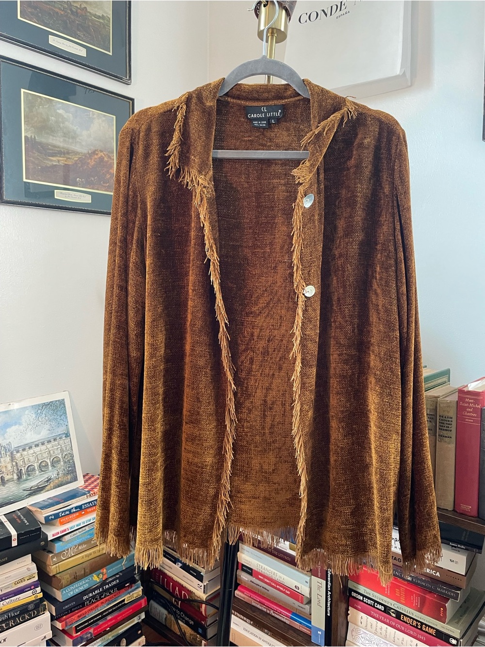 Carole Little Brown Velvet Fringe Cardigan